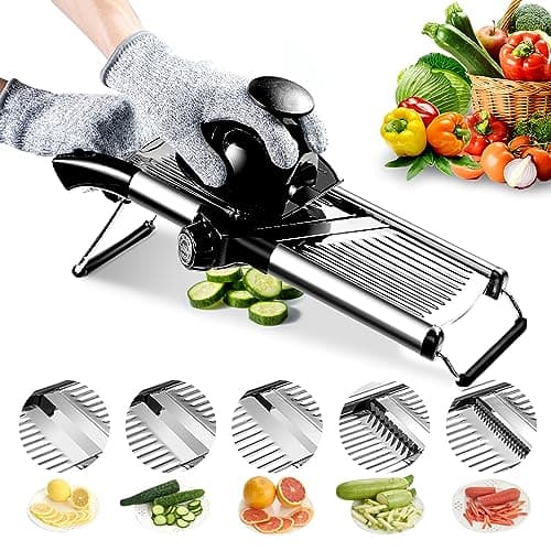 Weltonhm Mandoline Slicer for Kitchen, Mandolin and Julienne for Vegetables | Stainless Steel Mandoline Slicer for Onion, Cucumber, Cabbage, Potato and Carrot Vegetable Slicer with Cut-Resistant Gloves