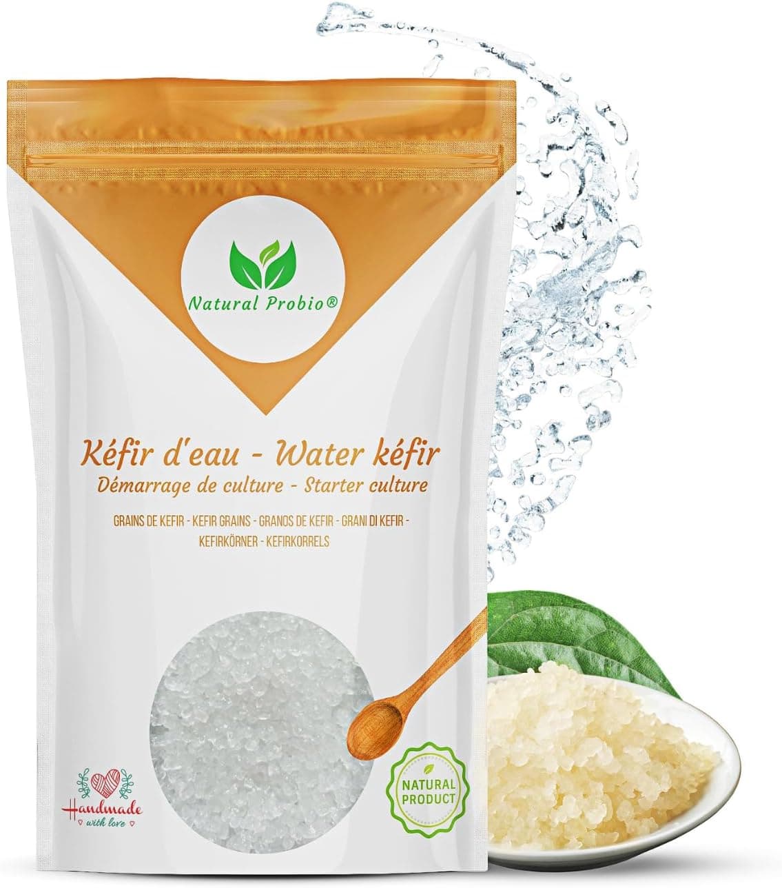 Natural Probio Water Kefir Grains - Starter Culture Kit with Complete Guide, Recipes and Tips