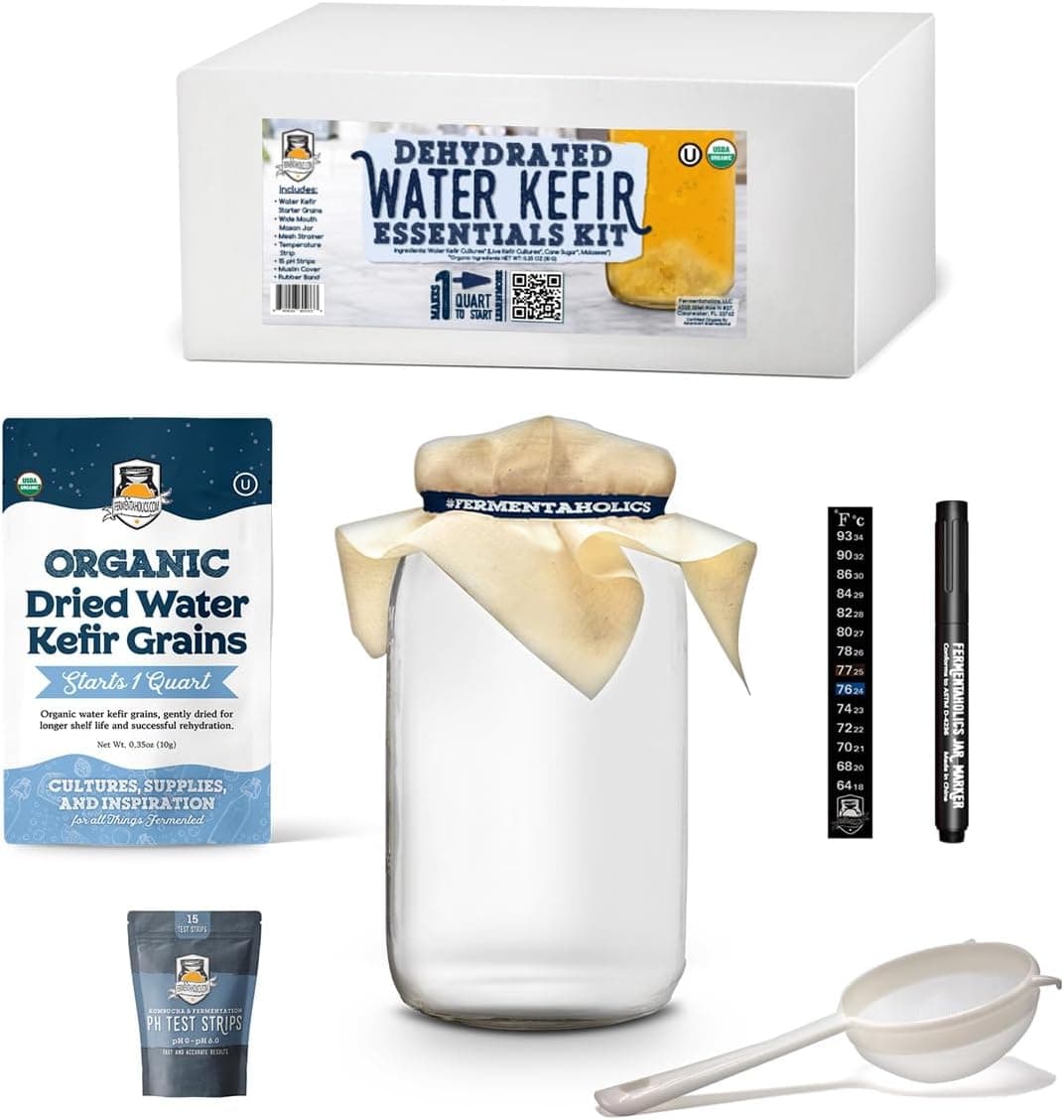 Water Kefir Essentials Kit - Organic Dehydrated Water Kefir Grains with 1-Quart Glass Fermenting Jar and Thermometer