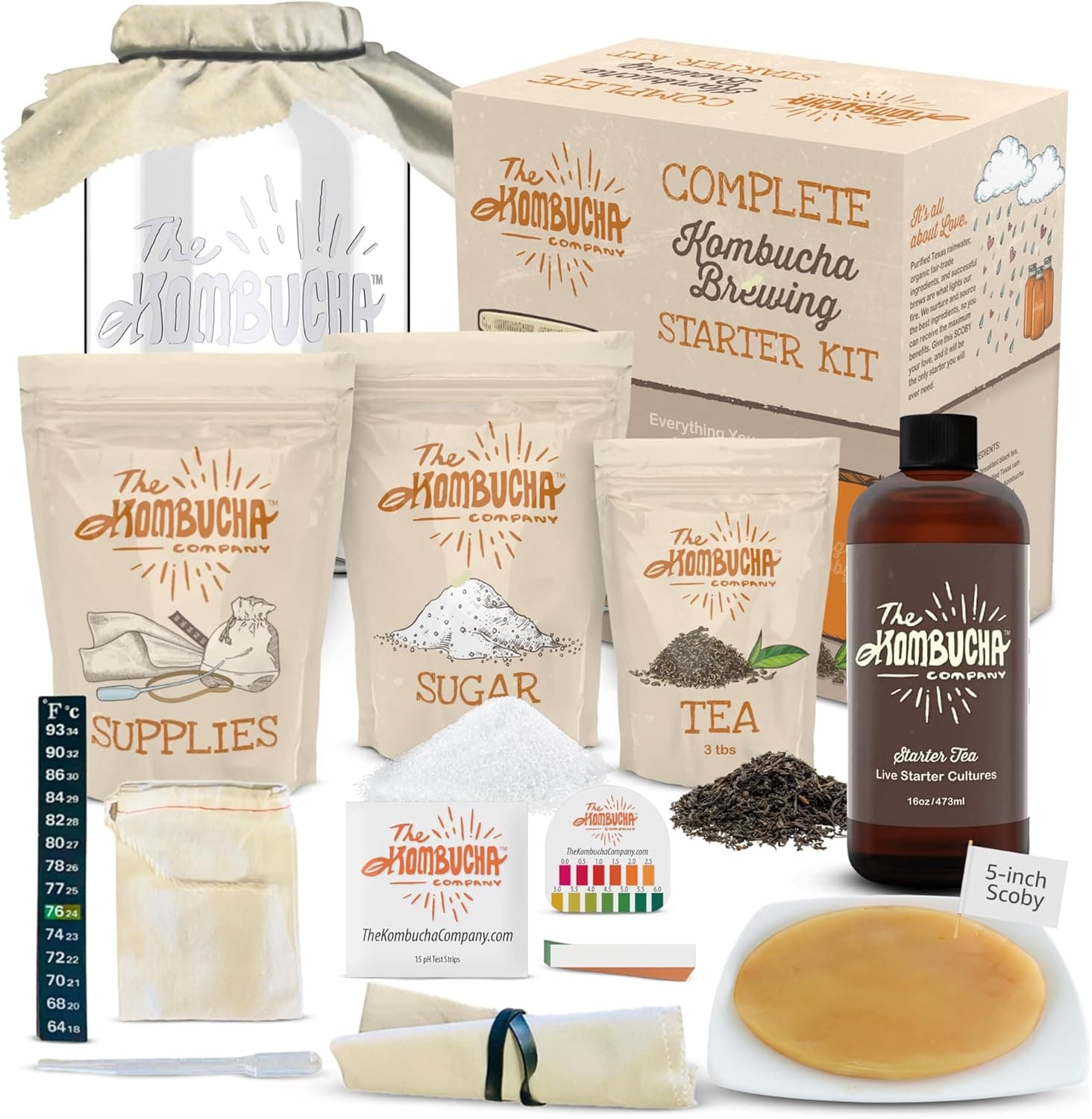 The Kombucha Company Home Brewing Starter Kit with 5-Inch Large SCOBY, Starter Tea and Brewing Jar
