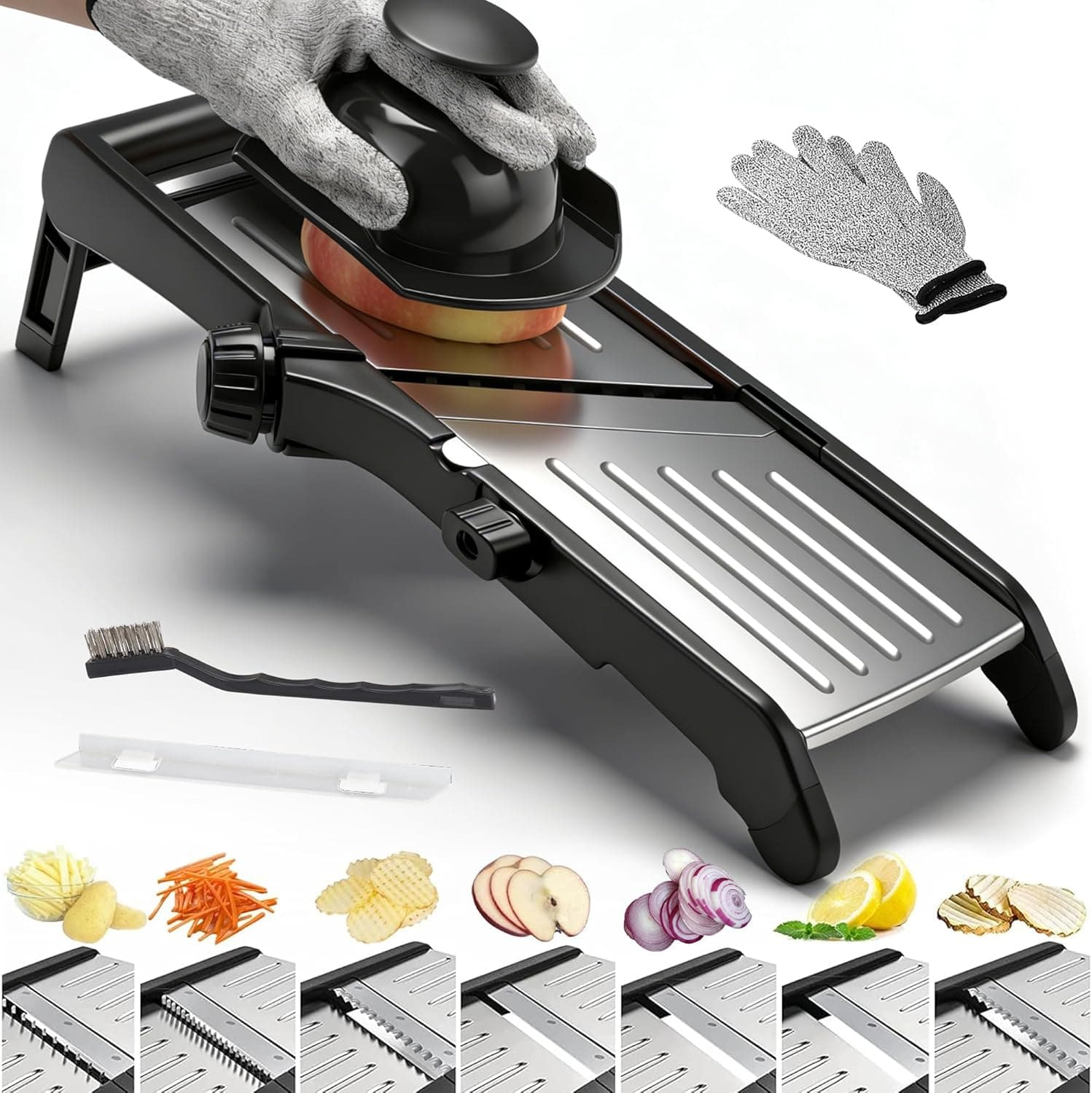 BINGBING 7-in-1 Adjustable Mandoline Slicer, Stainless Steel Food Slicer with Gloves and Brush