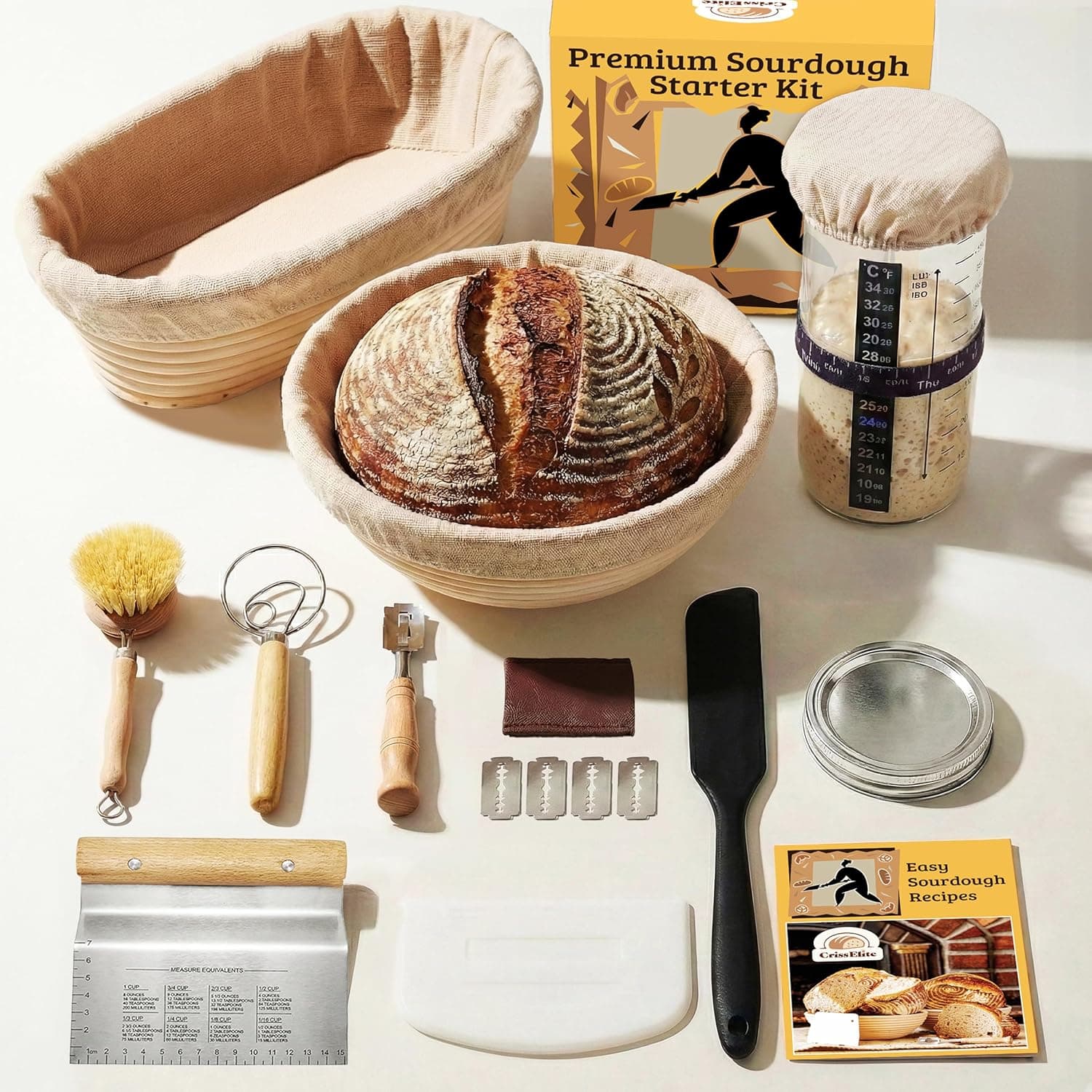 Sourdough Starter Kit, Complete Baking Supplies with 24oz Glass Starter Jar, 9 Inch Round and 10 Inch Oval Banneton Proofing Basket Set