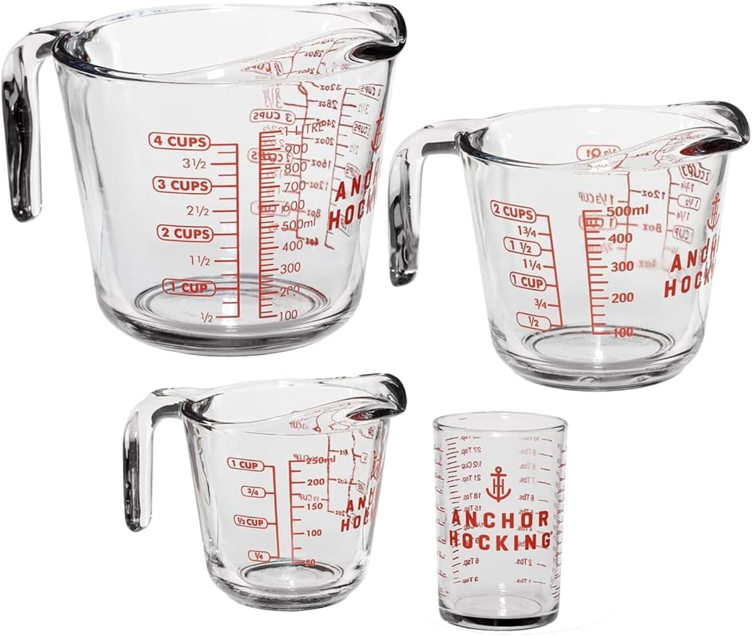 Anchor Hocking Glass Measuring Cups, 4 Piece Set (5 Ounce, 1 Cup, 2 Cup, 4 Cup Liquid Measuring Cups)