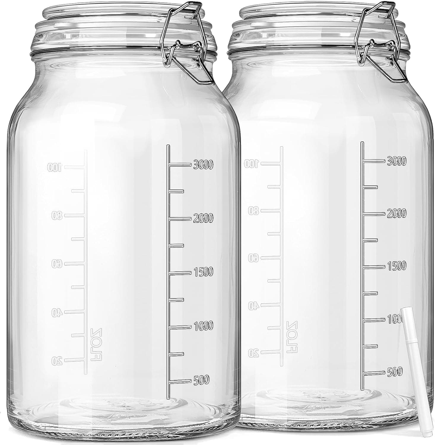 1 Gallon Super Wide Mouth Glass Storage Jars with Airtight Hinged Lids and Measurement Marks, 2 Pack