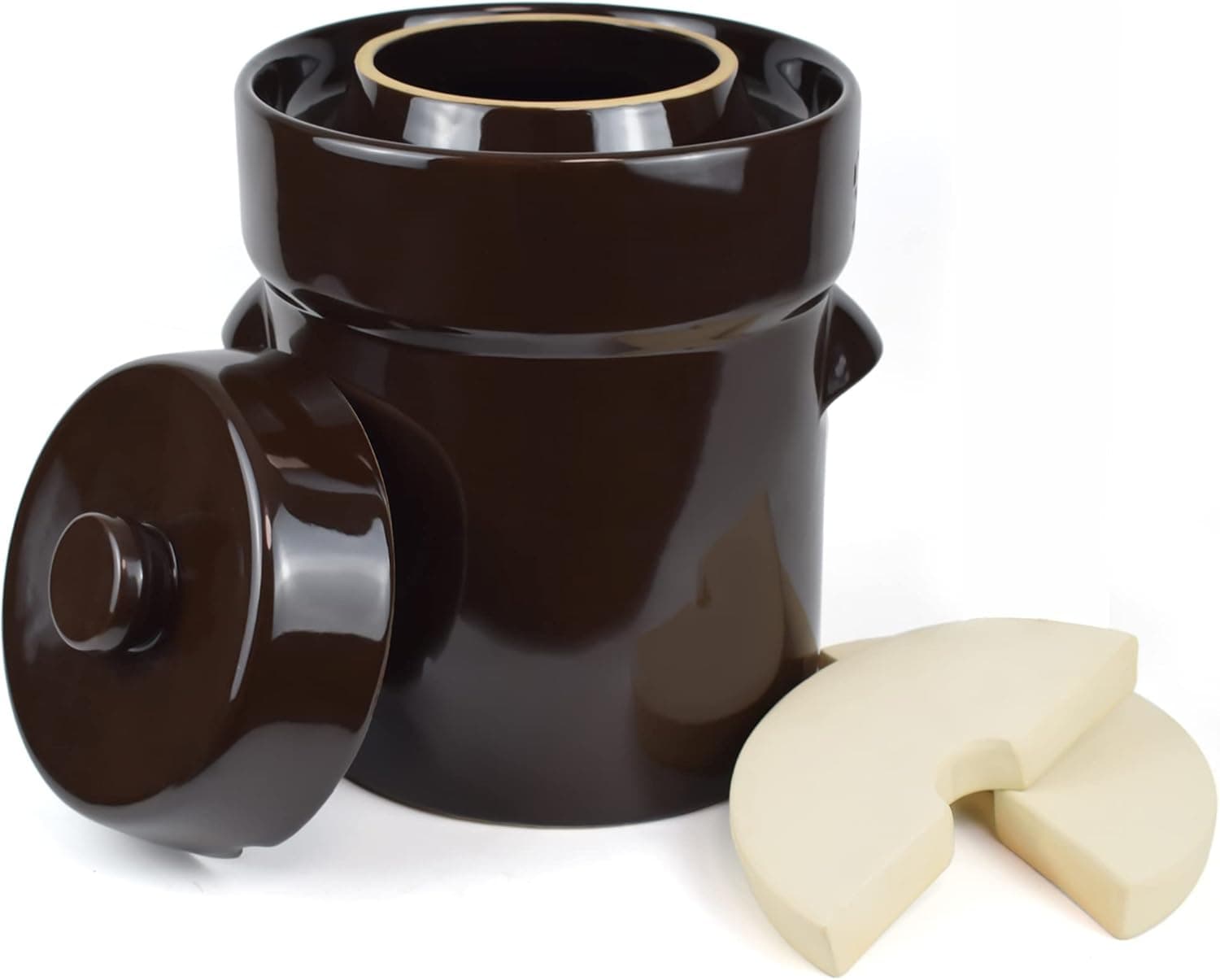 Fermentation Crock Jar 10 Liter / 2.6 Gallon - Glazed Stoneware Fermenter with Stone Weights and Lid
