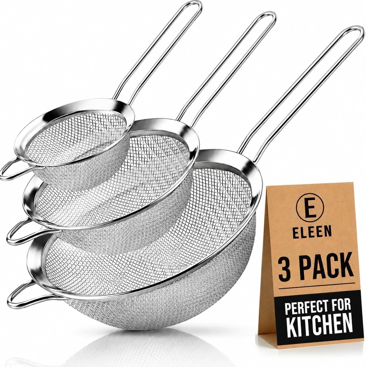 ELEEN Premium Stainless Steel Fine Mesh Strainers for Kitchen, 3-Piece Set with Non-Slip Handle, Small, Medium and Large Sieves