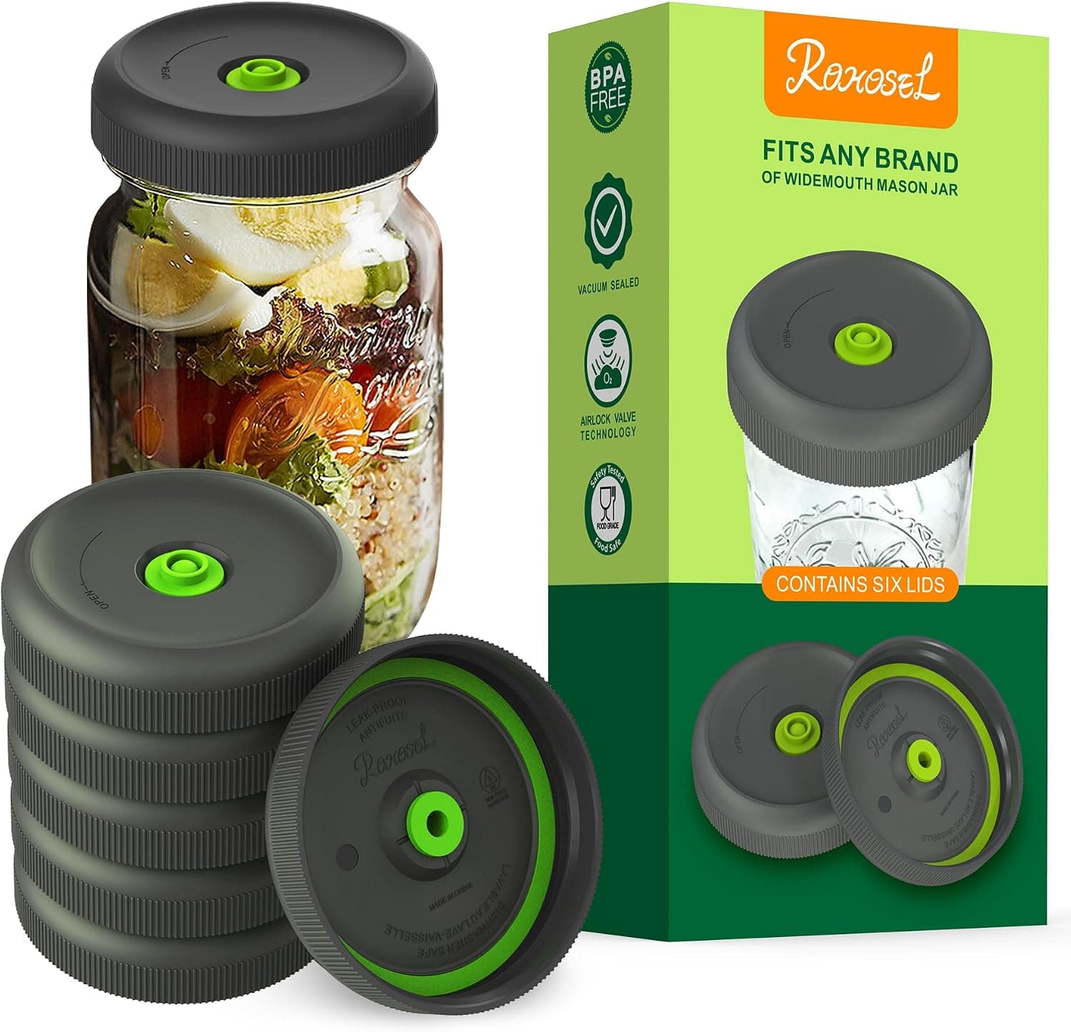ROHOSEL Fermentation Lids - Food Vacuum Saver Lids for Wide Mouth Mason Jars for Sauerkraut and Pickles, 6 Lids
