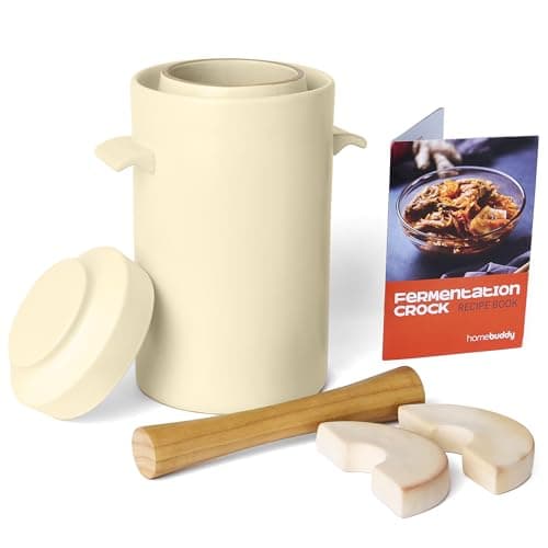 HomeBuddy Ivory Fermentation Crock (1 Gallon) with Weights, Acacia Wood Pounder and Recipie Book - Sauerkraut Fermentation Kit, Onggi Kimchi Jar, Fermenting Crock for Pickling or Sourdough