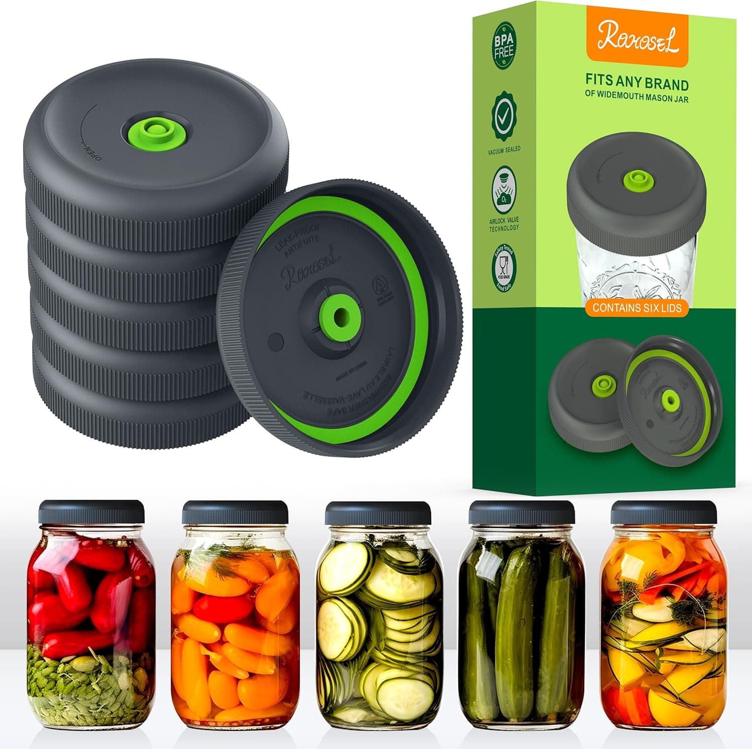 ROHOSEL Fermentation Lids for Wide Mouth Mason Jars - Easy Fermenting Vacuum Lids with Waterless Airlock, 6 Lids
