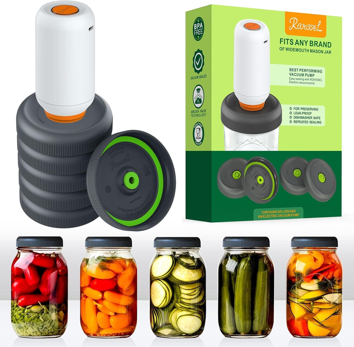 ROHOSEL Fermentation Lids Kit for Wide Mouth Mason Jars - Waterless Airlock Lids with Electric Vacuum Pump, 6 Lids