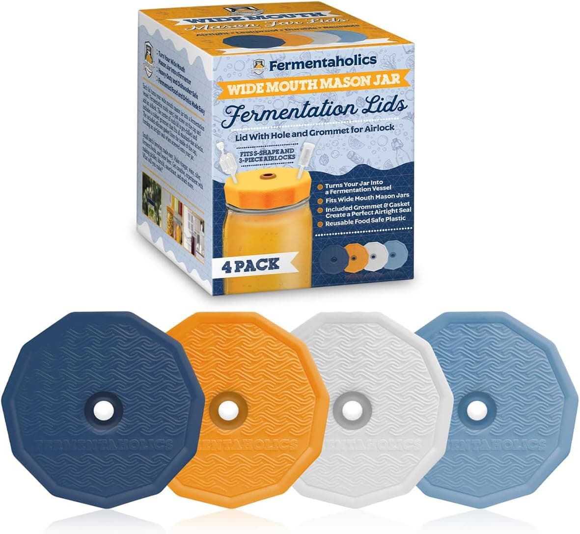 Wide Mouth Mason Jar Fermentation Lids - Lid with Hole and Grommet for Airlock