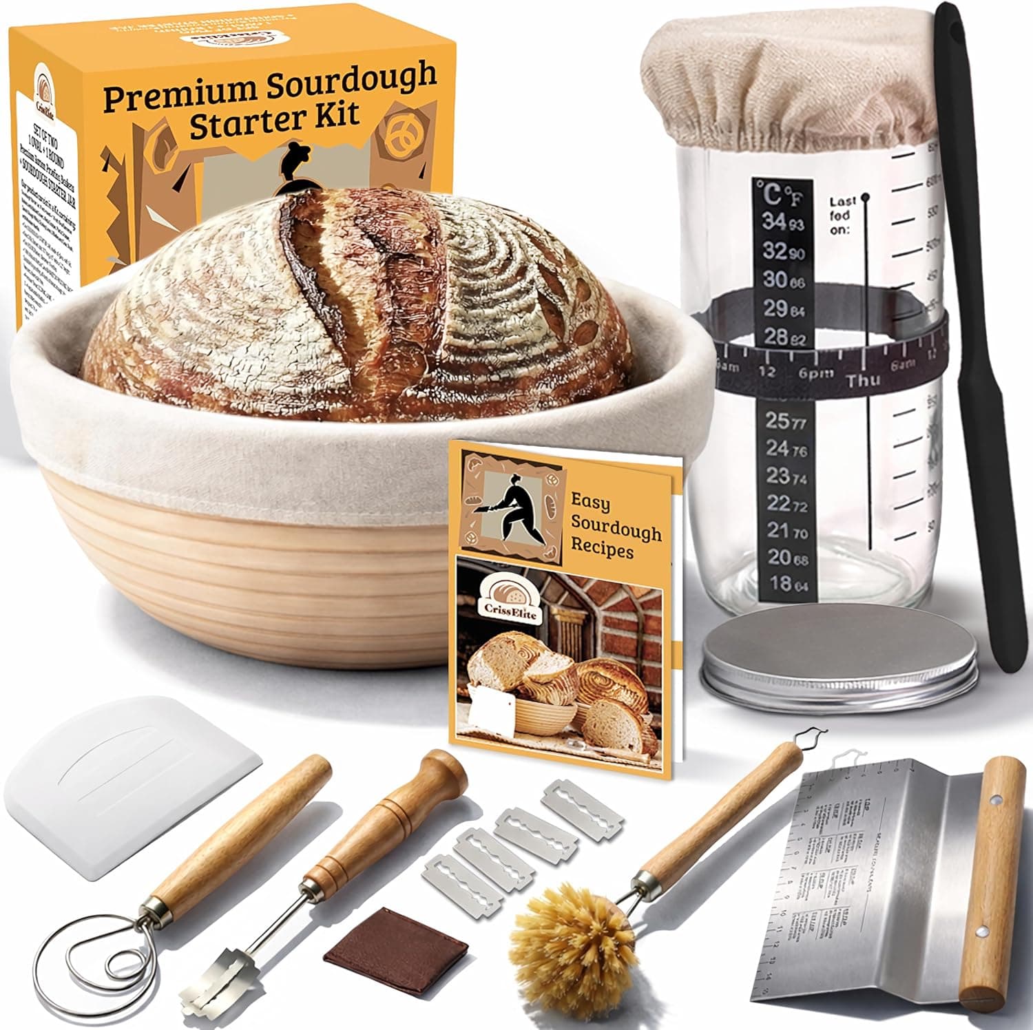 Sourdough Starter Kit with Glass Starter Jar, 9 Inch Round Banneton Proofing Basket, Bread Lame, Danish Whisk, Dough Scrapers