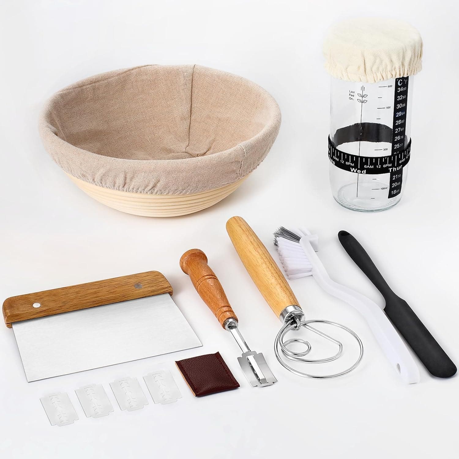 Sourdough Starter Kit, 9 Inch Banneton Bread Proofing Basket and 24 oz Sourdough Starter Jar with Bread Making Tools