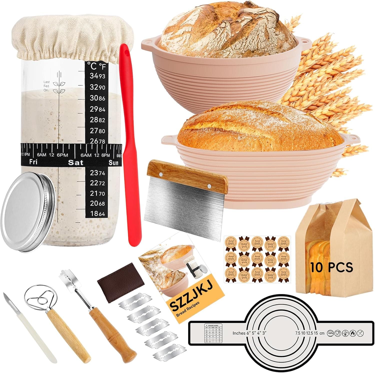 SZZJKJ Sourdough Starter Kit, 24PCS Baking Supplies, 9 Inch Round and 11 Inch Oval Banneton Proofing Basket, Bread Sling, Starter Jar, Whisk, Scrapers, Lame