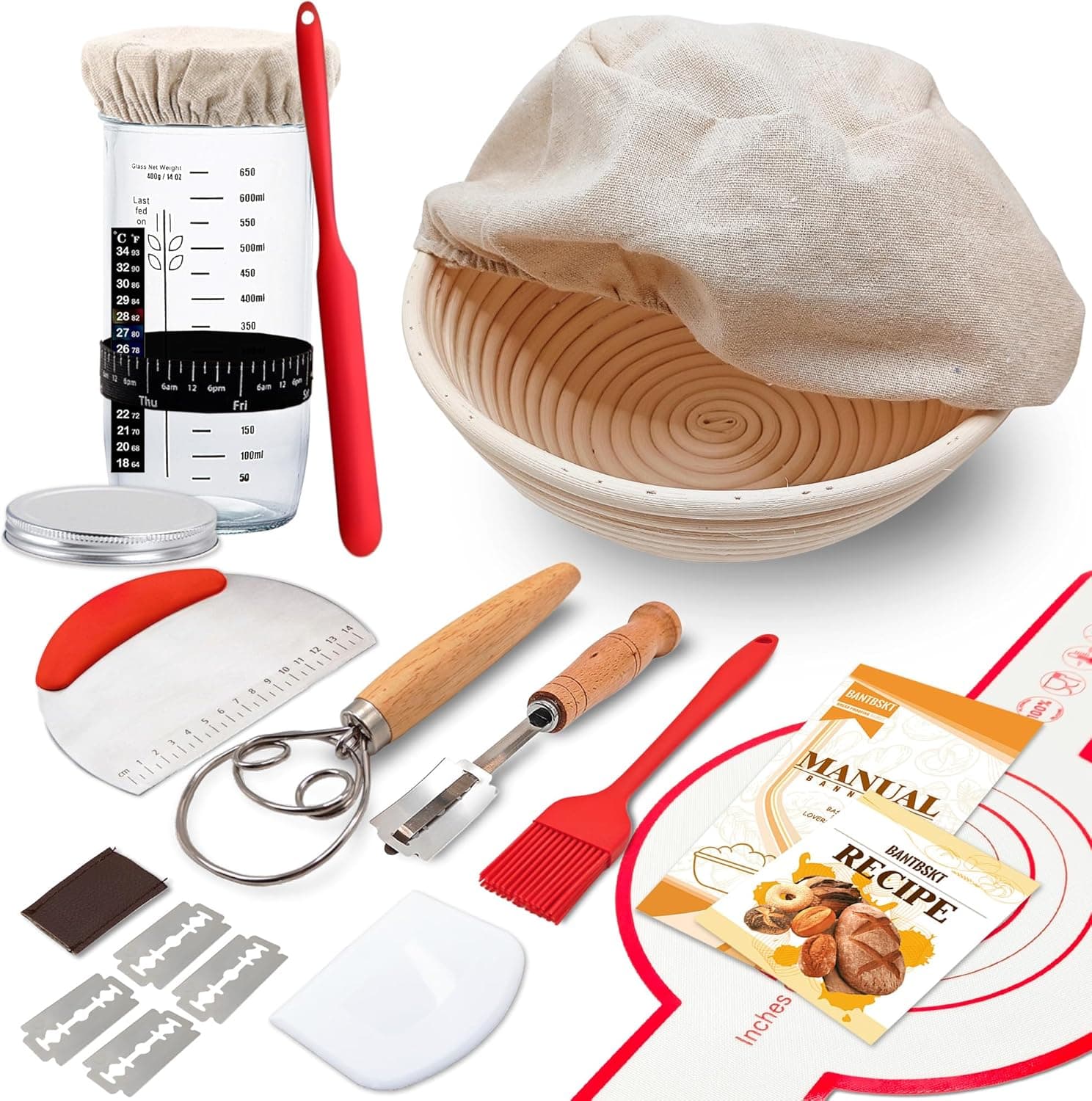 Complete Sourdough Starter Kit, Banneton Bread Proofing Basket with Sourdough Starter Jar, 9 Inch Round Proofing Basket
