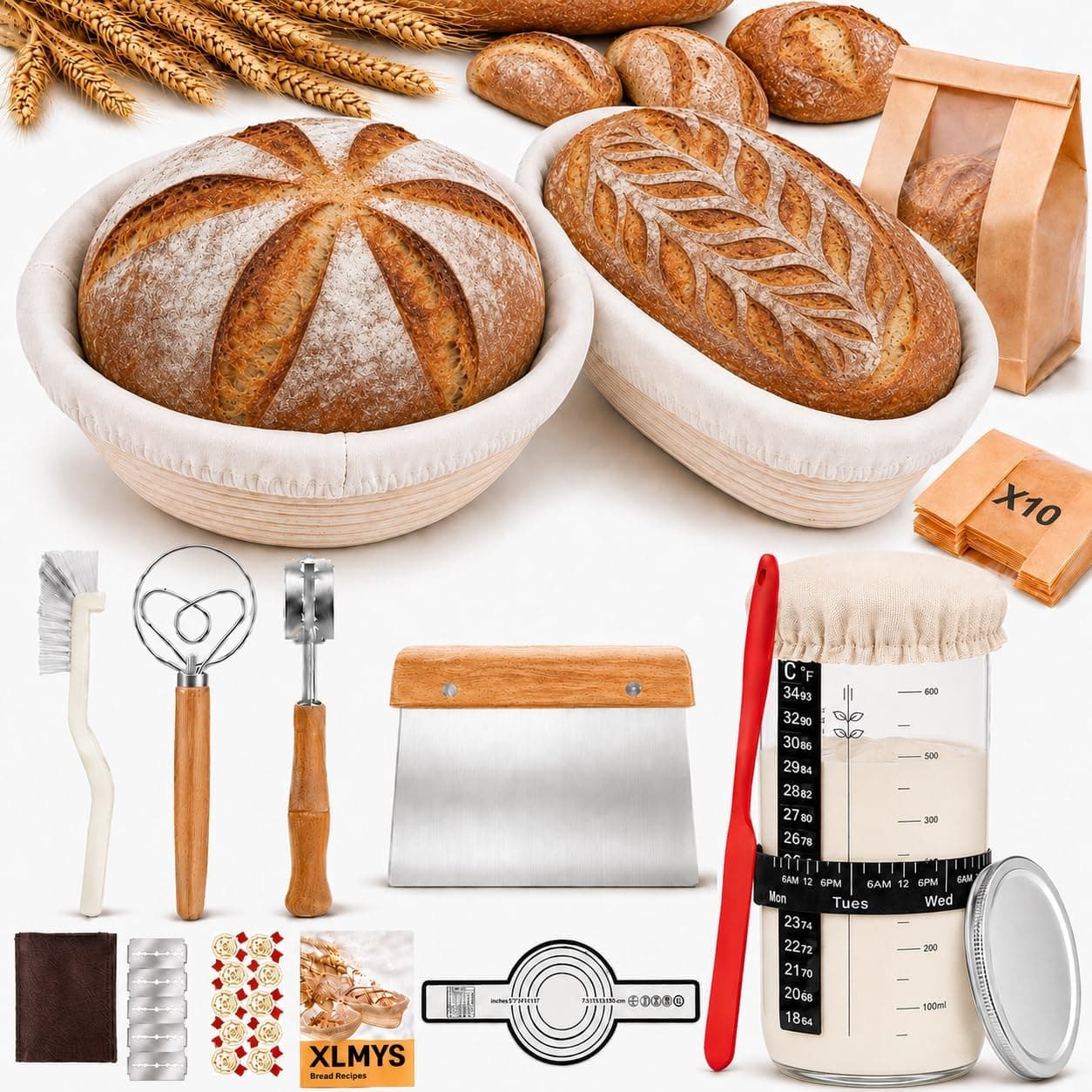 Sourdough Starter Kit, Banneton Proofing Basket 9 Inch Round and 10 Inch Oval, Starter Jar, Bread Sling, Lame, Danish Dough Whisk, Bags
