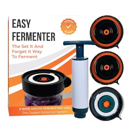 Easy Fermenter Fermentation Kit, Includes 3 Fermenting Lids for Wide Mouth Mason Jars & Oxygen Extractor Pump, Mason Jar Airlock Lid For Fermenting Kimchi, Pickle, & Sauerkraut
