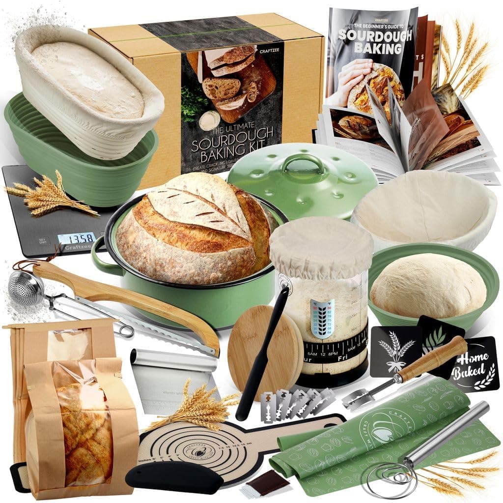 CraftZee All-Inclusive Premium Sourdough Starter Kit with Pot, 34 Oz Starter Jar, 4 Banneton Proofing Baskets, Scraper, Scale, Beginner Guide