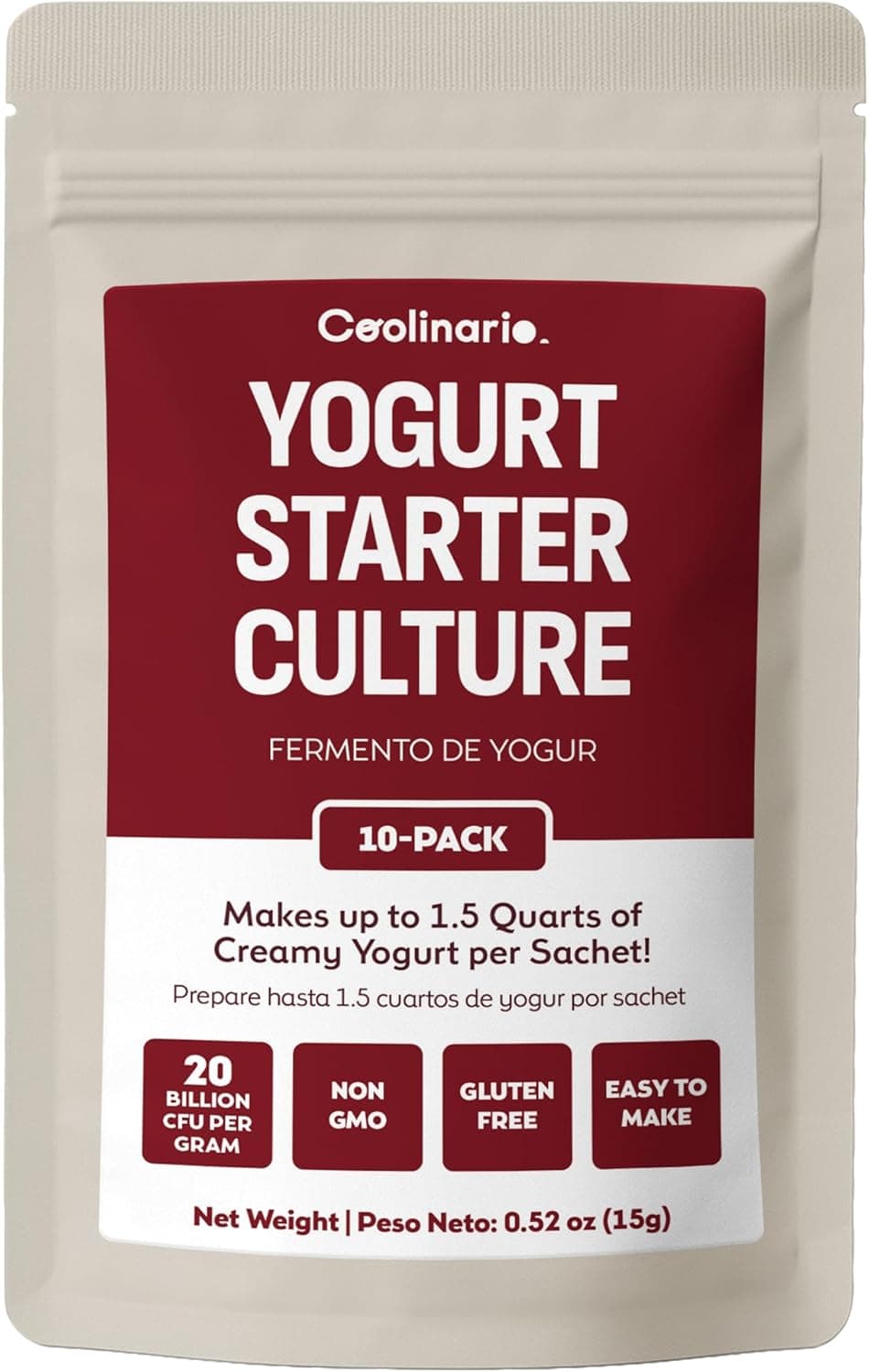 Coolinario Yogurt Starter Culture with Probiotics, 10-Pack 1.5g Sachets, Non-GMO