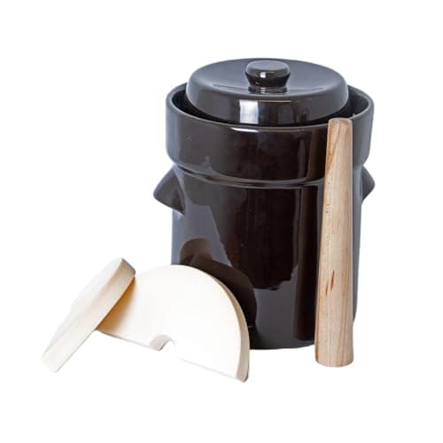 Lehman's European Style Fermentation Crock Set with Wooden Stomper and Fitted Weights, Set to Preserve Sauerkraut Pickles Kimchi and More