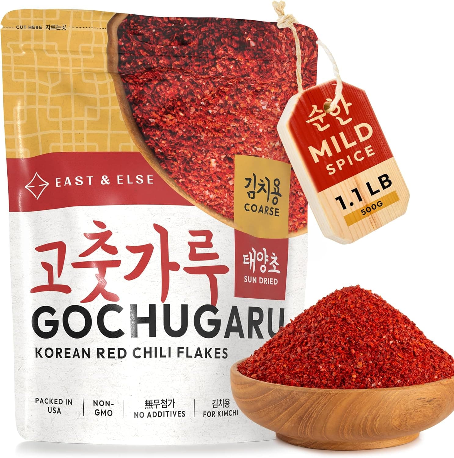 East and Else Gochugaru, Korean Red Chili Pepper Flakes, Coarse Grind for Kimchi, 1.1 LB Resealable Bag