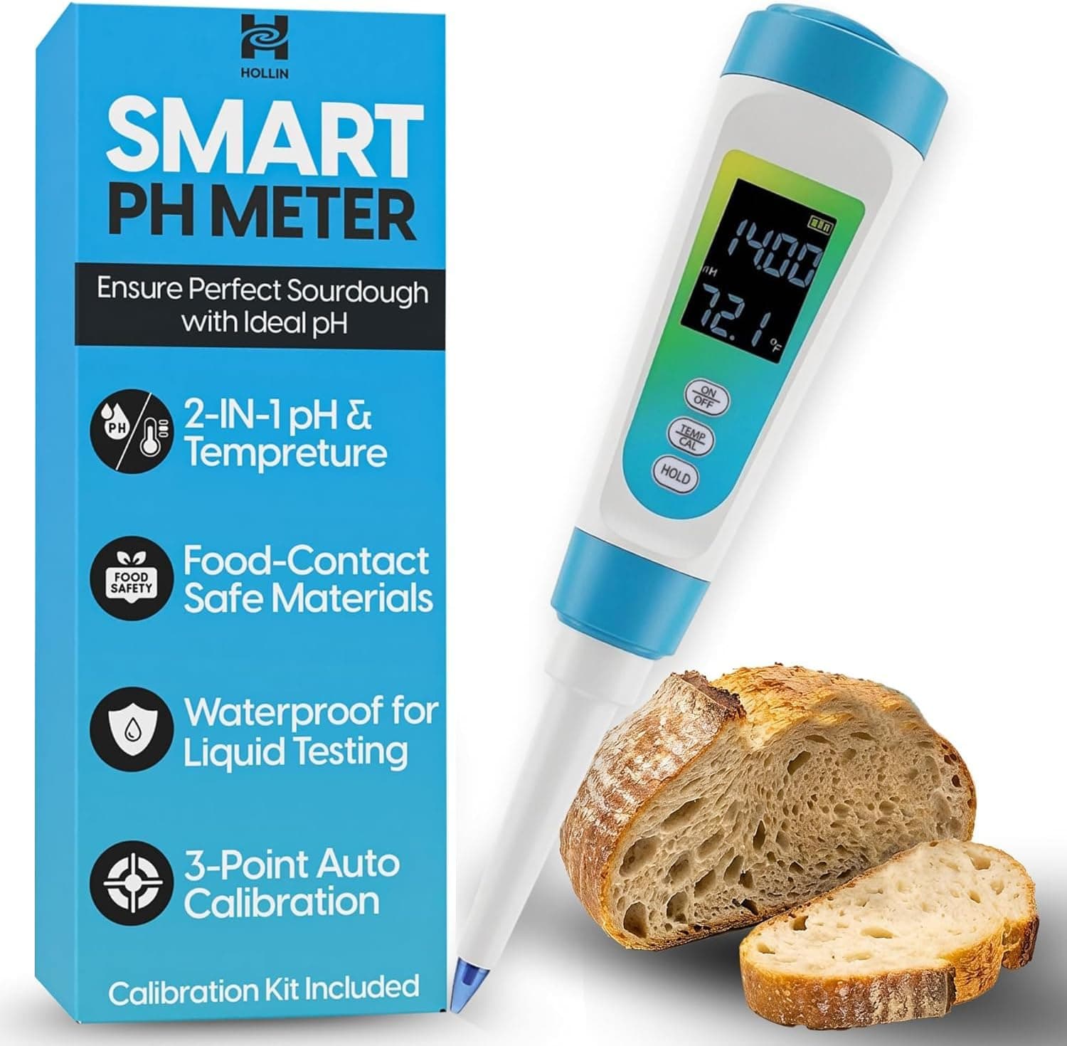 Digital pH Meter for Food Testing - Sourdough, Fermentation, Cheese and Canning - Solid Food Probe with Calibration Powder