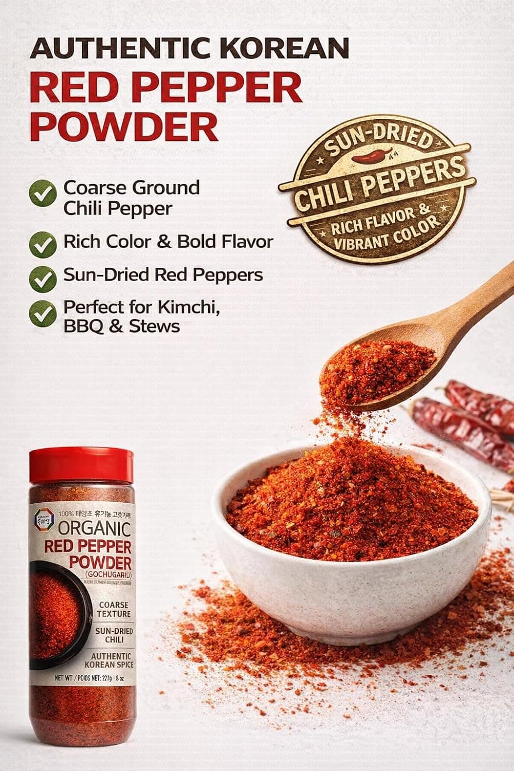 Korean Red Pepper Powder (Gochugaru) - Coarse Ground Chili Flakes for Kimchi, Sun-Dried, 8 oz