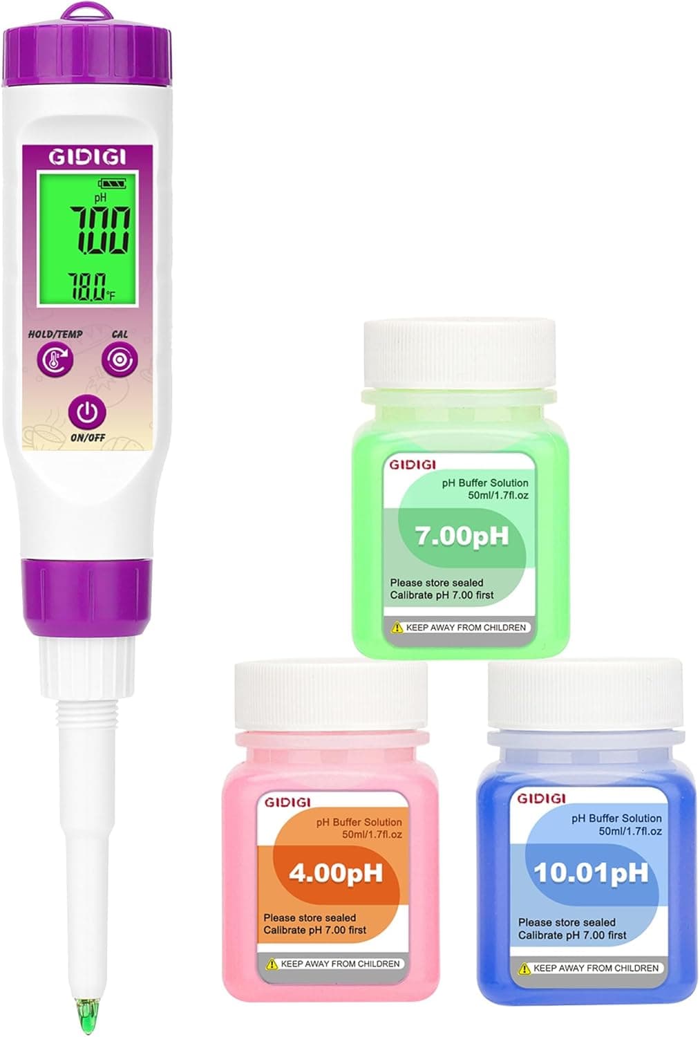 GIDIGI pH Meter Food Digital Electronic pH Tester for Fermentation with 3x50ml pH Buffer Calibration Solution Kits