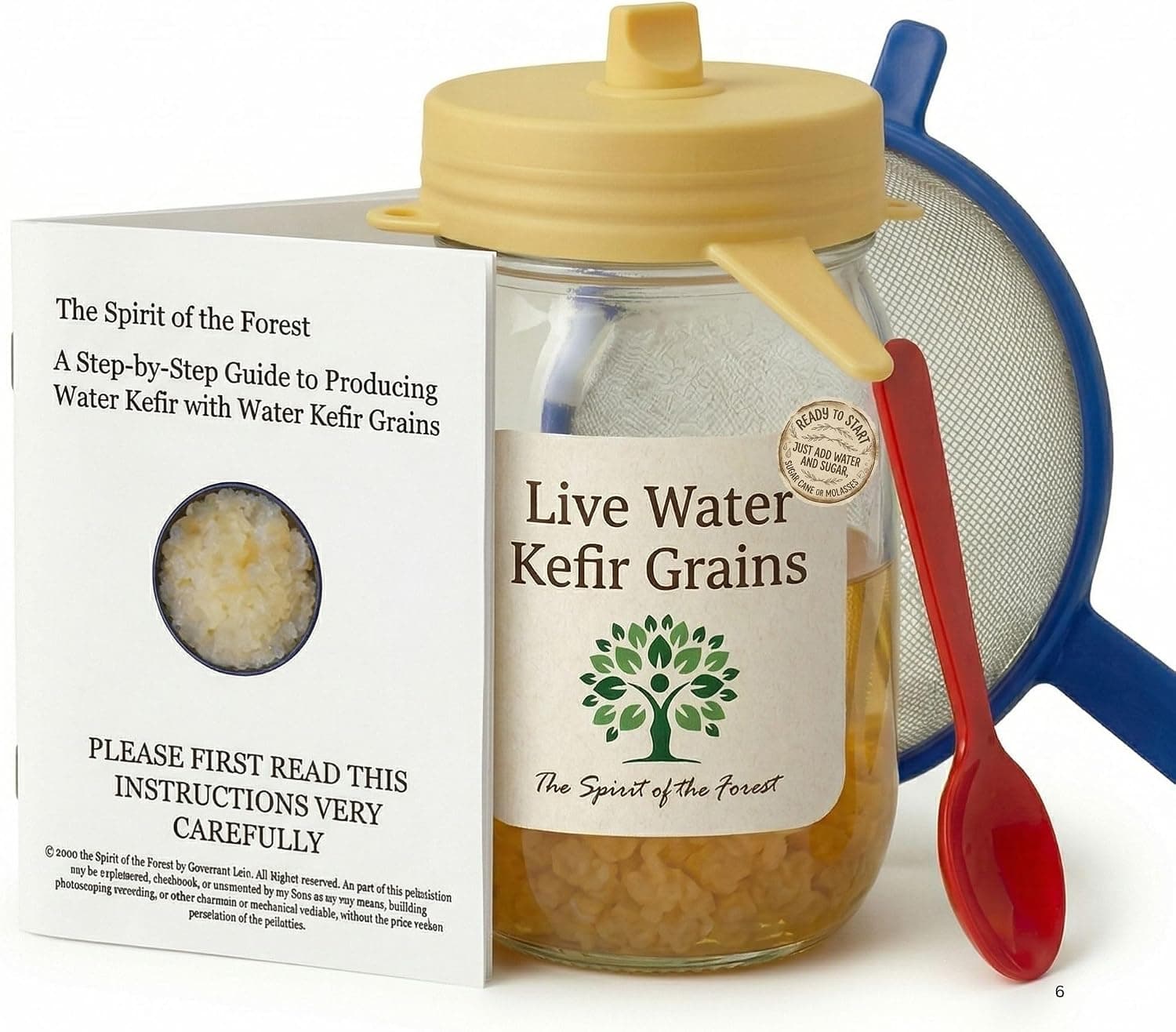The Spirit of the Forest Premium Water Kefir Starter Kit - Fresh Live Grains, Mason Jar, Fermentation Lid, Strainer and Guide