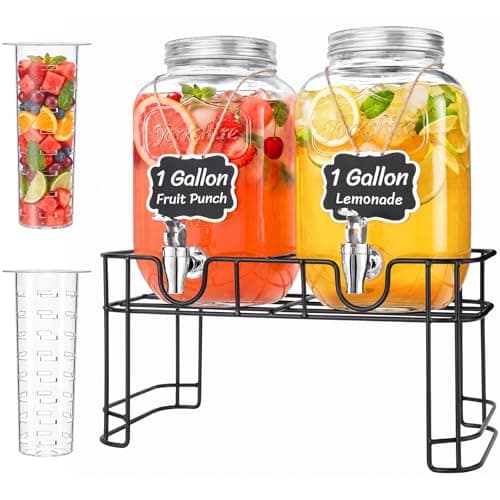 Lifewit 1 Gallon Glass Drink Dispenser with Stand & Fruit Infuser 2 Pcs | Leak-Proof Spigot, Stainless Steel Lid, Beverage Container for Juice, Sun Tea Jar, Pitcher for Lemonade, Soda & Mimosa bar