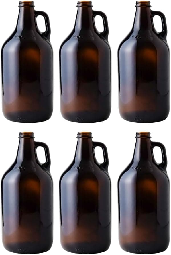 FastRack 64 oz Amber Glass Growlers (Pack of 6) with 18 Poly Seal Caps for Homebrew and Kombucha