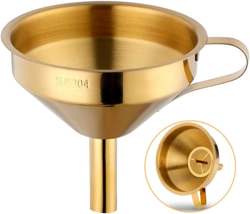 Stainless Steel Wide Mouth Funnels with Detachable Strainer, 5-inch Funnel for Filling Small Bottles and Jars, Gold