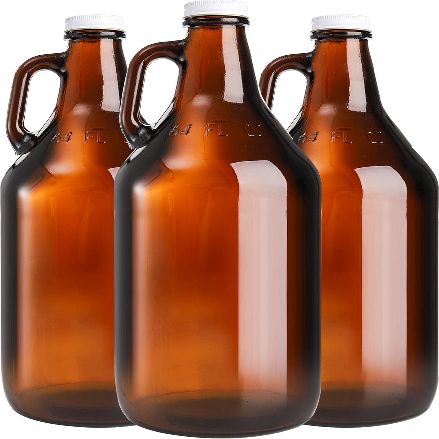 ZEAYEA 3 Pack 64 oz Amber Glass Growler Jug Set with Lids and Handle for Beer, Home Brewing, Kombucha