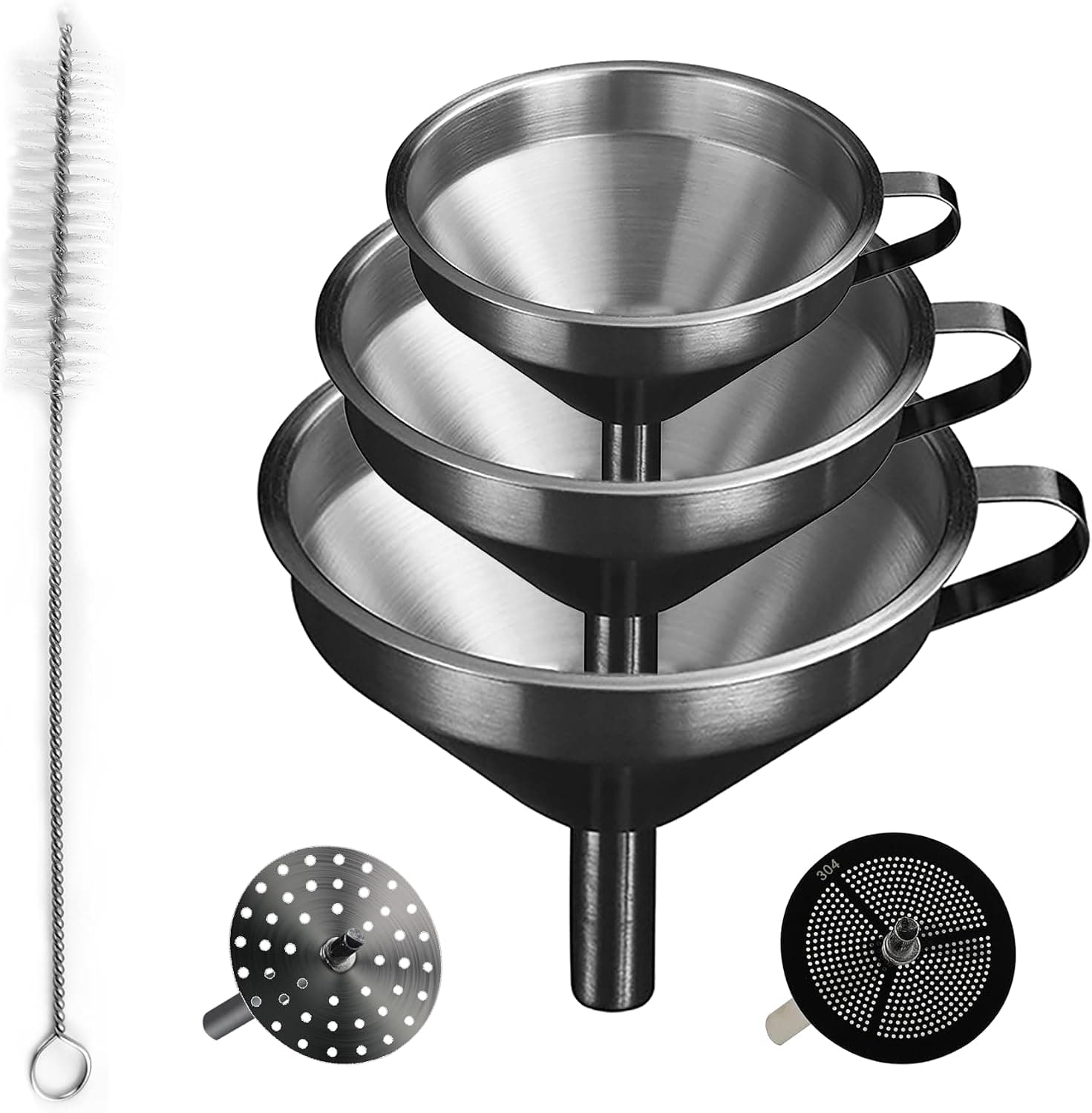 IoF 3-Pack Mini Stainless Steel Funnel with Handles, Metal Small Funnels for Filling Small Bottles