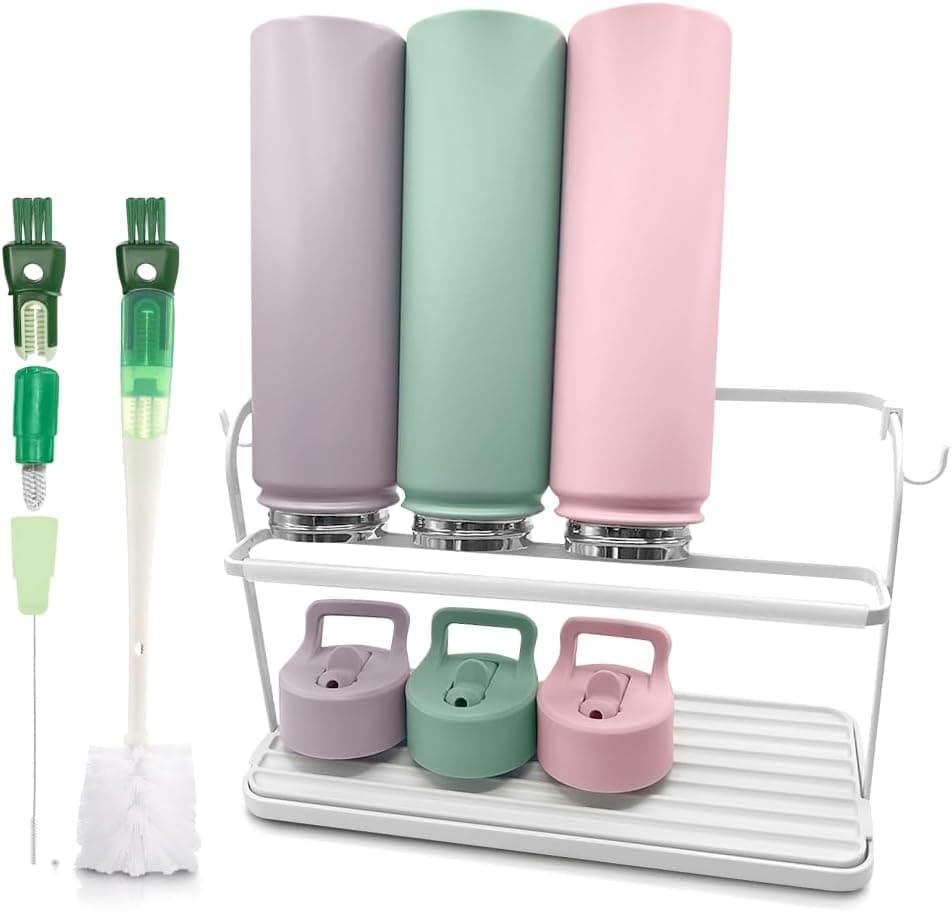 Wakubon Bottle Drying Rack for Kitchen Countertop, Two-Tier Stand with Drainage Tray and 5-in-1 Bottle Cleaning Brush