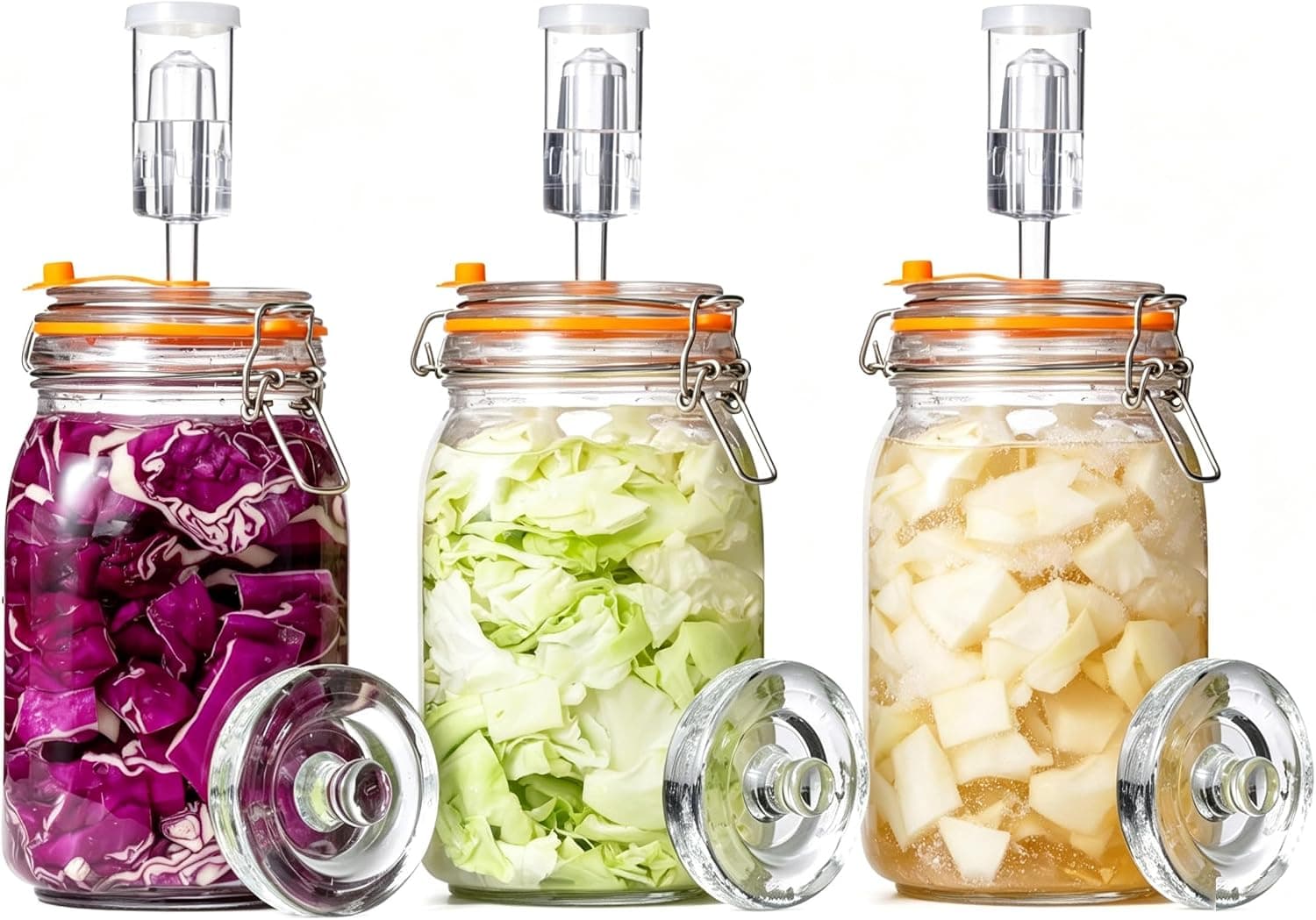 QiroGrace Wide Mouth 1.5L Fermentation Jar Kit - Pack of 3 Glass Fermenting Jars with Airlocks and Glass Weights